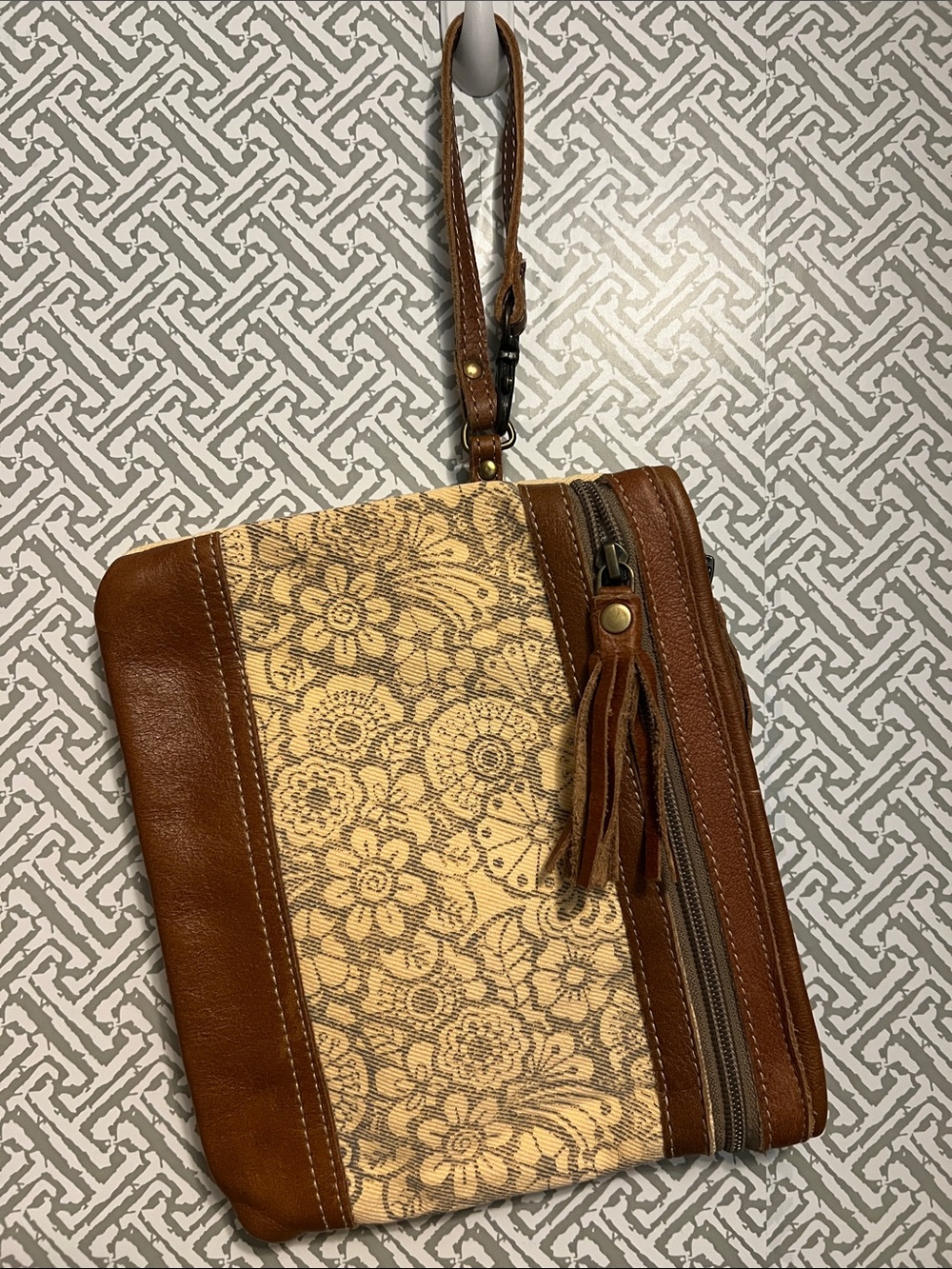 Myra Bag Brown and Cream Floral Wristlet Clutch